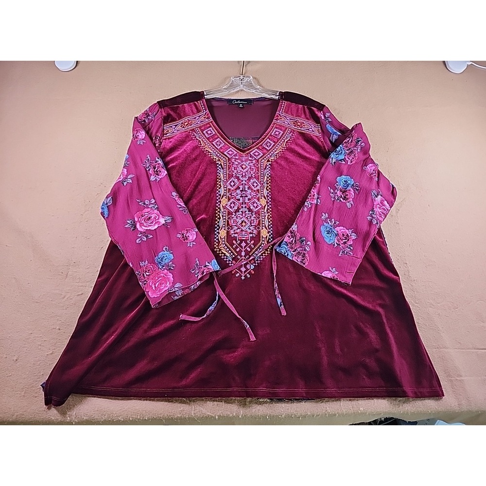Caleesa Burgundy Velvet Embroidered Floral Tunic Top Womens 1X Boho Mixed Media